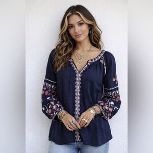 Sophie Max Navy and Pink Embroidered Blouse